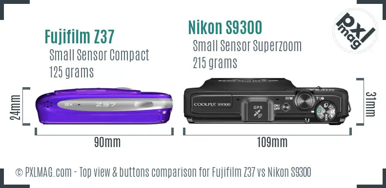 Fujifilm Z37 vs Nikon S9300 top view buttons comparison Fujifilm Z37 vs Nikon S9300 top view buttons comparison