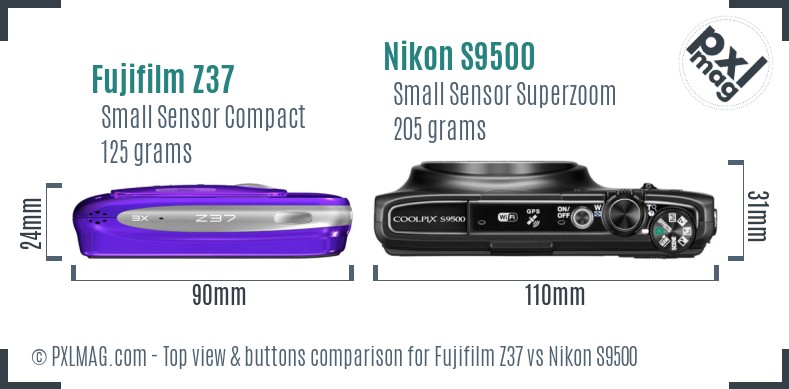Fujifilm Z37 vs Nikon S9500 top view buttons comparison