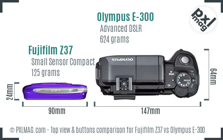 Fujifilm Z37 vs Olympus E-300 top view buttons comparison