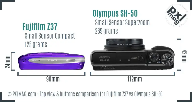 Fujifilm Z37 vs Olympus SH-50 top view buttons comparison