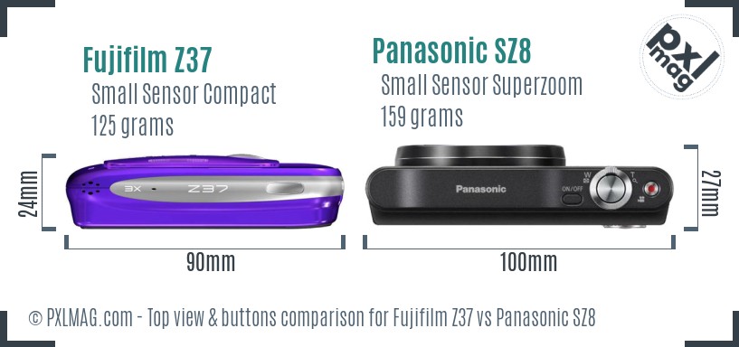 Fujifilm Z37 vs Panasonic SZ8 top view buttons comparison
