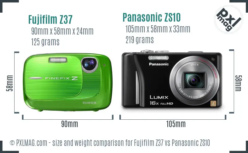 Fujifilm Z37 vs Panasonic ZS10 size comparison