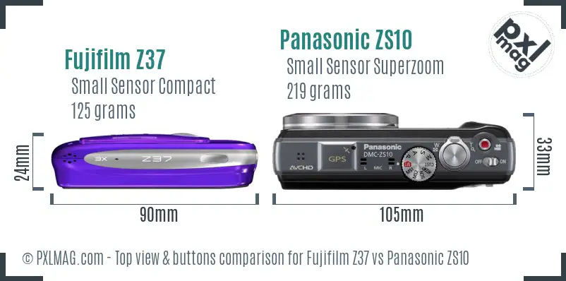 Fujifilm Z37 vs Panasonic ZS10 top view buttons comparison