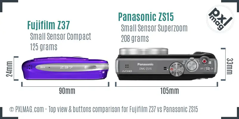 Fujifilm Z37 vs Panasonic ZS15 top view buttons comparison Fujifilm Z37 vs Panasonic ZS15 top view buttons comparison