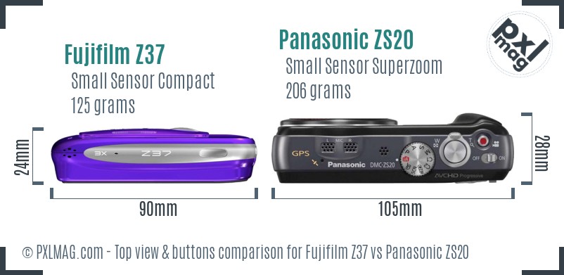 Fujifilm Z37 vs Panasonic ZS20 top view buttons comparison