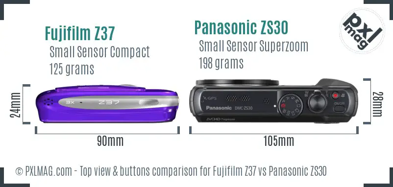 Fujifilm Z37 vs Panasonic ZS30 top view buttons comparison Fujifilm Z37 vs Panasonic ZS30 top view buttons comparison