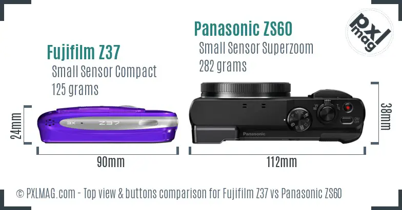 Fujifilm Z37 vs Panasonic ZS60 top view buttons comparison