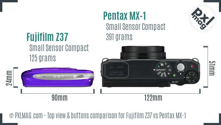 Fujifilm Z37 vs Pentax MX-1 top view buttons comparison