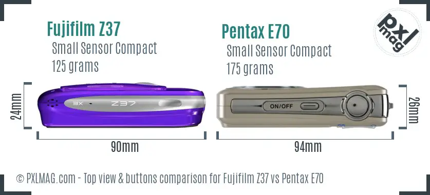Fujifilm Z37 vs Pentax E70 top view buttons comparison