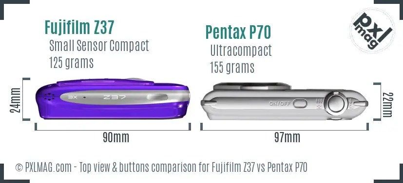 Fujifilm Z37 vs Pentax P70 top view buttons comparison