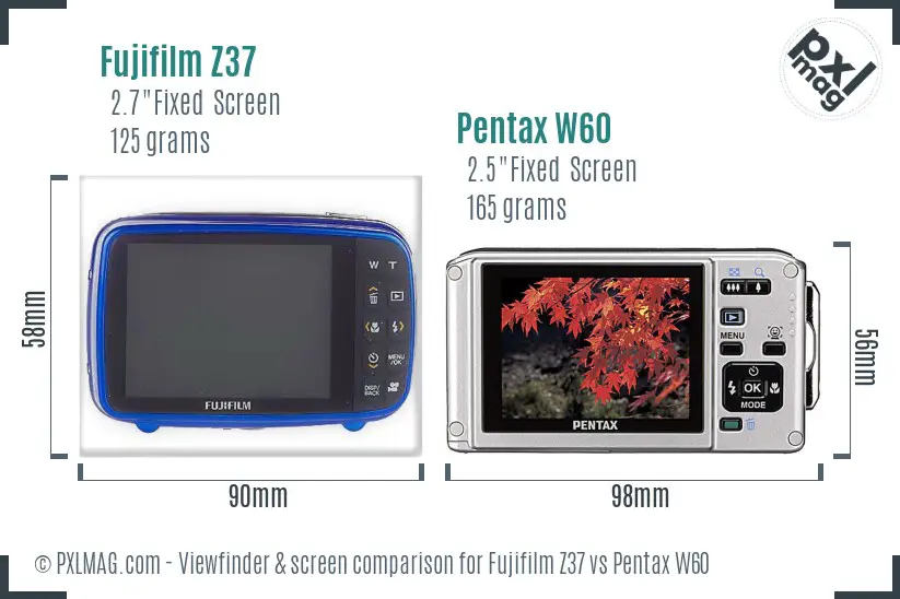 Fujifilm Z37 vs Pentax W60 Screen and Viewfinder comparison