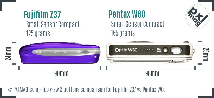 Fujifilm Z37 vs Pentax W60 top view buttons comparison