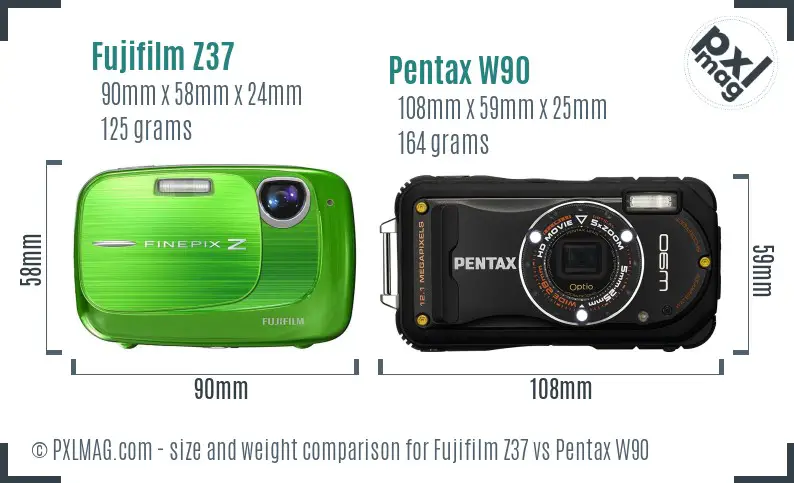 Fujifilm Z37 vs Pentax W90 size comparison
