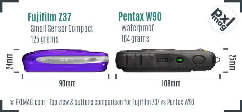 Fujifilm Z37 vs Pentax W90 top view buttons comparison