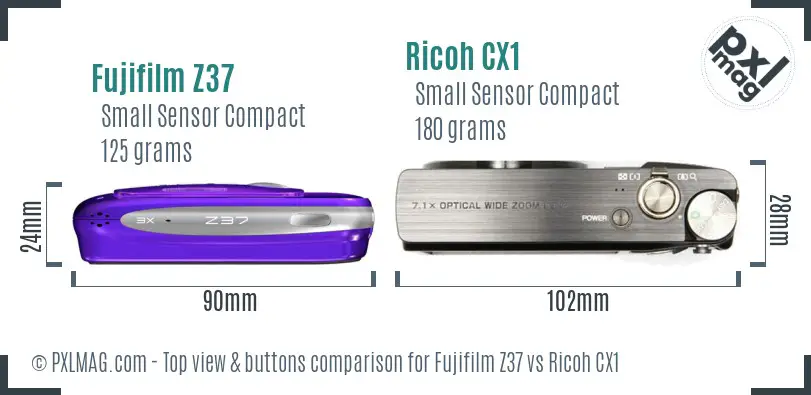 Fujifilm Z37 vs Ricoh CX1 top view buttons comparison