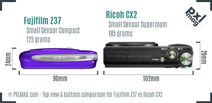 Fujifilm Z37 vs Ricoh CX2 top view buttons comparison