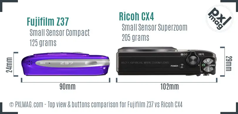 Fujifilm Z37 vs Ricoh CX4 top view buttons comparison Fujifilm Z37 vs Ricoh CX4 top view buttons comparison