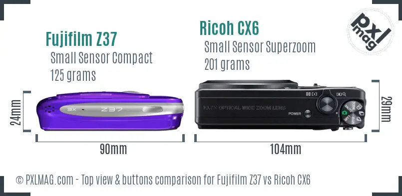 Fujifilm Z37 vs Ricoh CX6 top view buttons comparison