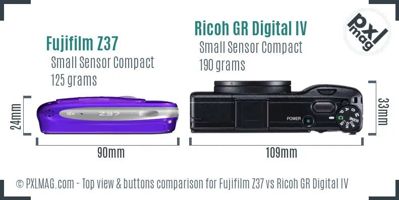 Fujifilm Z37 vs Ricoh GR Digital IV top view buttons comparison