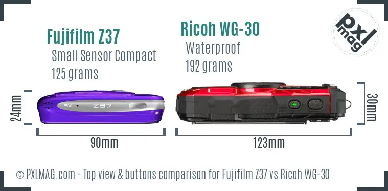 Fujifilm Z37 vs Ricoh WG-30 top view buttons comparison