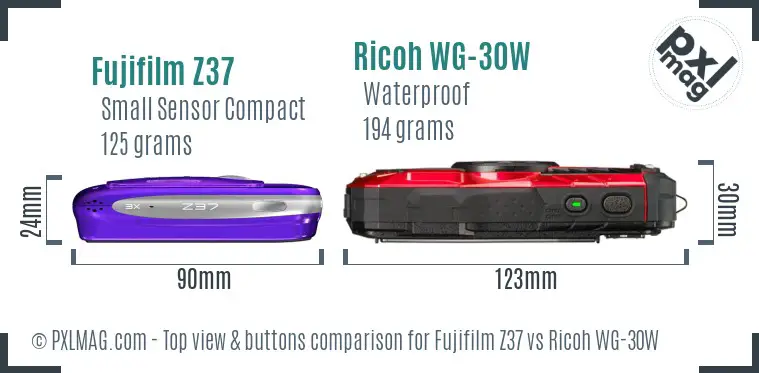 Fujifilm Z37 vs Ricoh WG-30W top view buttons comparison