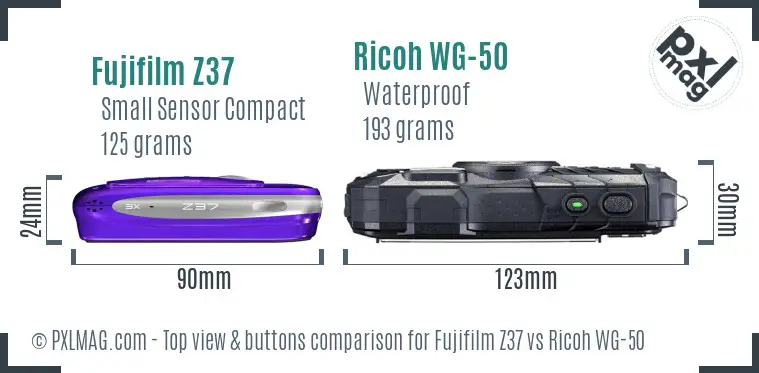 Fujifilm Z37 vs Ricoh WG-50 top view buttons comparison