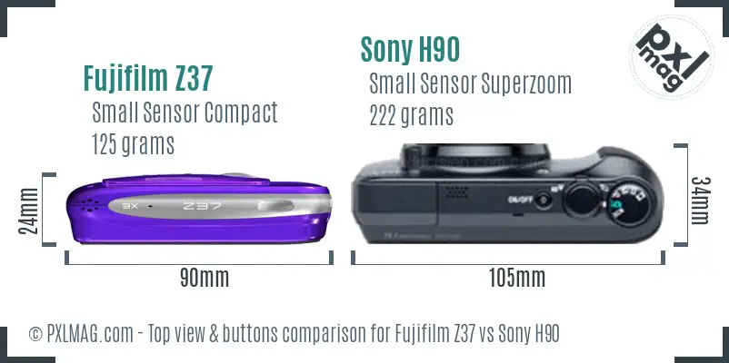 Fujifilm Z37 vs Sony H90 top view buttons comparison Fujifilm Z37 vs Sony H90 top view buttons comparison