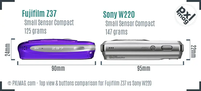 Fujifilm Z37 vs Sony W220 top view buttons comparison