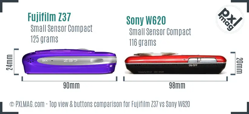 Fujifilm Z37 vs Sony W620 top view buttons comparison Fujifilm Z37 vs Sony W620 top view buttons comparison