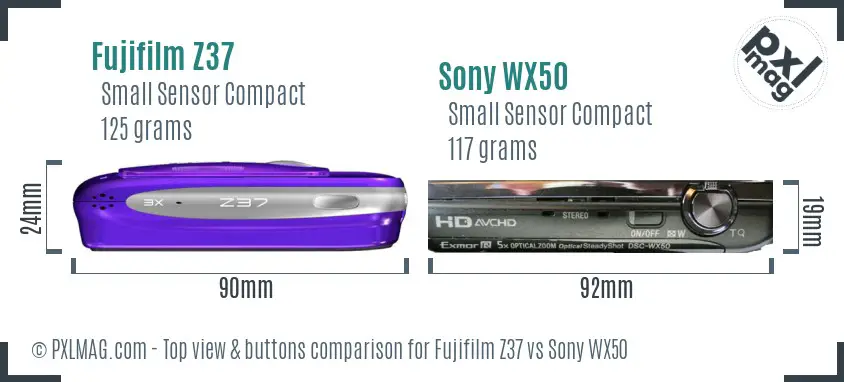 Fujifilm Z37 vs Sony WX50 top view buttons comparison