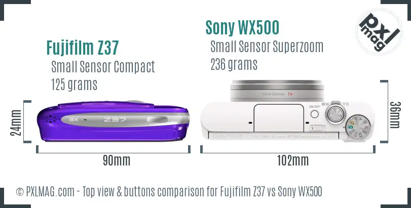 Fujifilm Z37 vs Sony WX500 top view buttons comparison