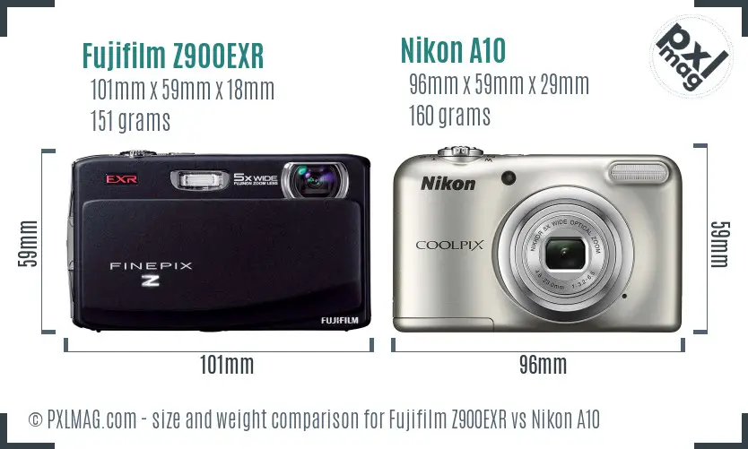 Fujifilm Z900EXR vs Nikon A10 size comparison