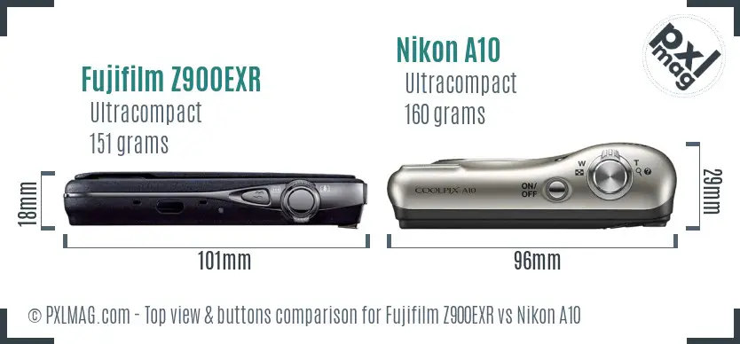 Fujifilm Z900EXR vs Nikon A10 top view buttons comparison