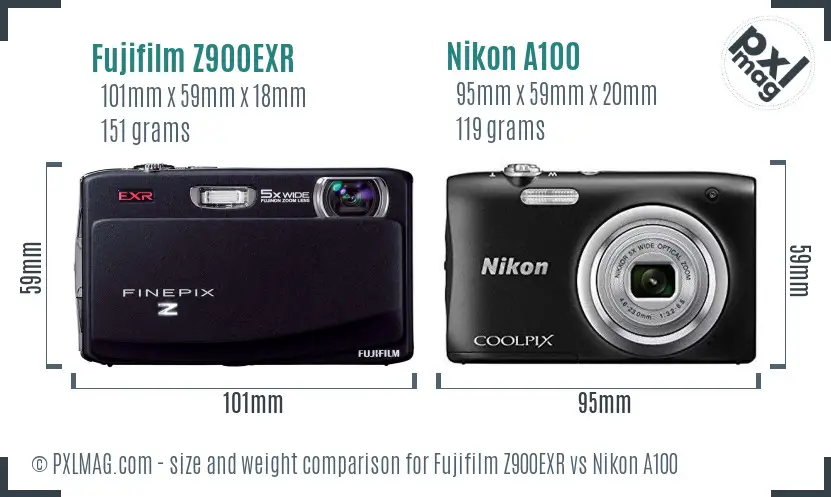 Fujifilm Z900EXR vs Nikon A100 size comparison