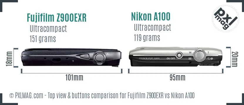 Fujifilm Z900EXR vs Nikon A100 top view buttons comparison