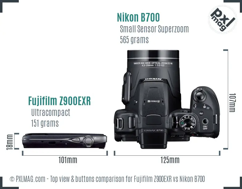 Fujifilm Z900EXR vs Nikon B700 top view buttons comparison