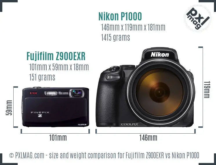 Fujifilm Z900EXR vs Nikon P1000 size comparison