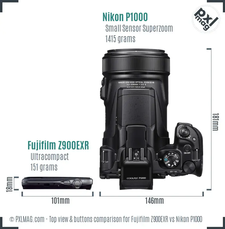 Fujifilm Z900EXR vs Nikon P1000 top view buttons comparison