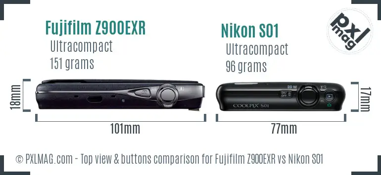 Fujifilm Z900EXR vs Nikon S01 top view buttons comparison Fujifilm Z900EXR vs Nikon S01 top view buttons comparison