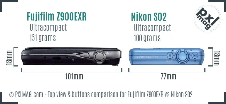 Fujifilm Z900EXR vs Nikon S02 top view buttons comparison