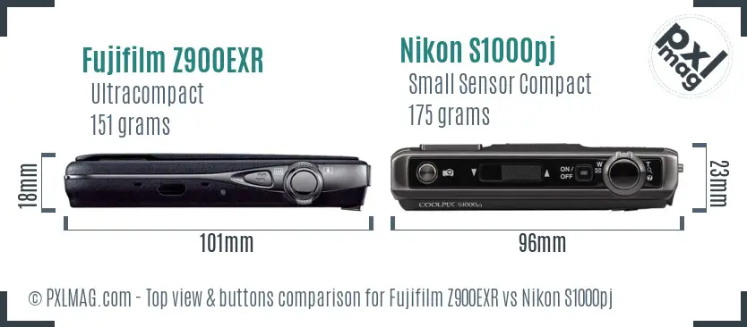 Fujifilm Z900EXR vs Nikon S1000pj top view buttons comparison