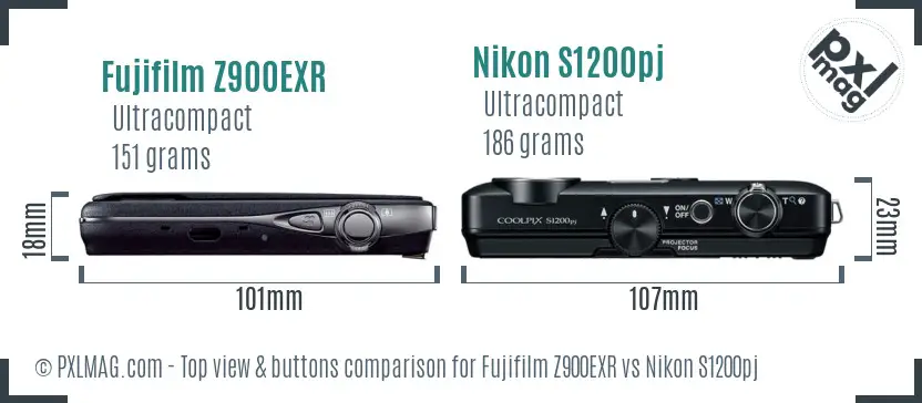 Fujifilm Z900EXR vs Nikon S1200pj top view buttons comparison