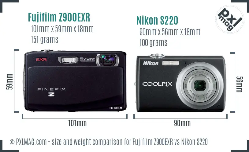 Fujifilm Z900EXR vs Nikon S220 size comparison