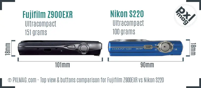 Fujifilm Z900EXR vs Nikon S220 top view buttons comparison