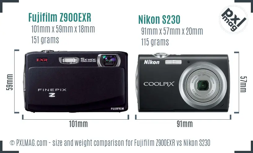 Fujifilm Z900EXR vs Nikon S230 size comparison