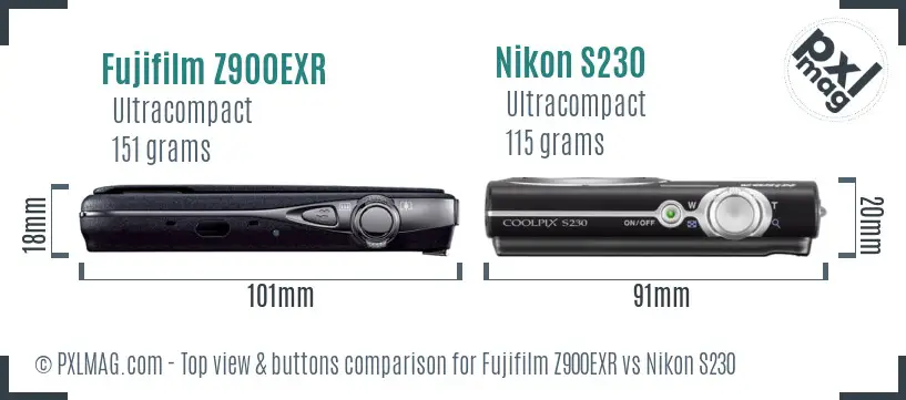 Fujifilm Z900EXR vs Nikon S230 top view buttons comparison