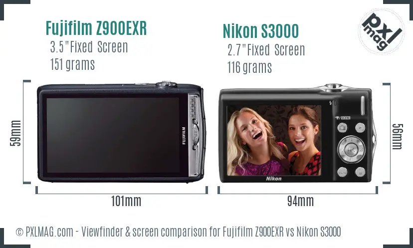 Fujifilm Z900EXR vs Nikon S3000 Screen and Viewfinder comparison