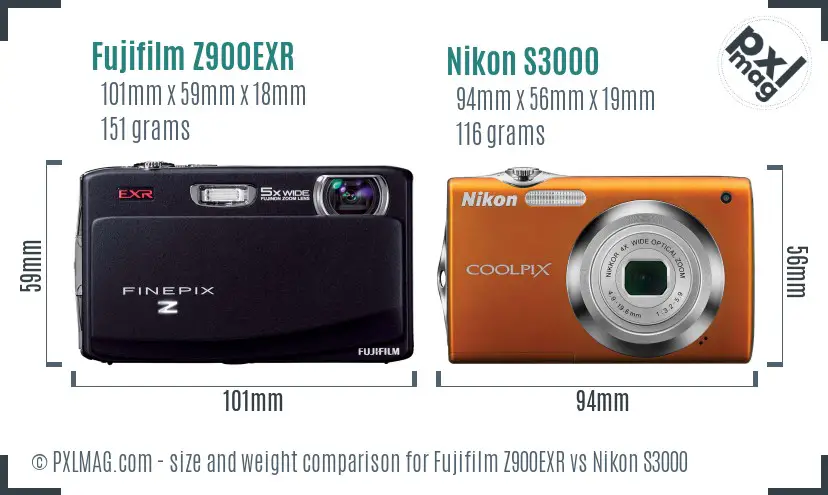 Fujifilm Z900EXR vs Nikon S3000 size comparison