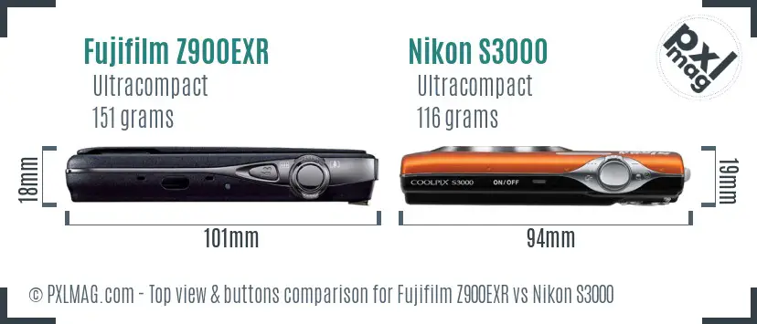 Fujifilm Z900EXR vs Nikon S3000 top view buttons comparison