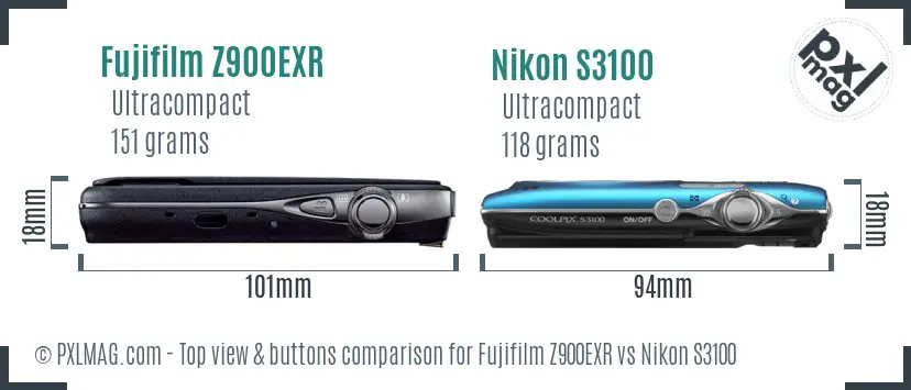 Fujifilm Z900EXR vs Nikon S3100 top view buttons comparison